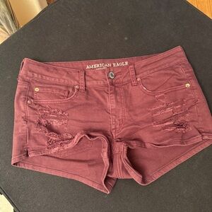 American Eagle Outfitters Maroon Distressed Denim Jean Shorts